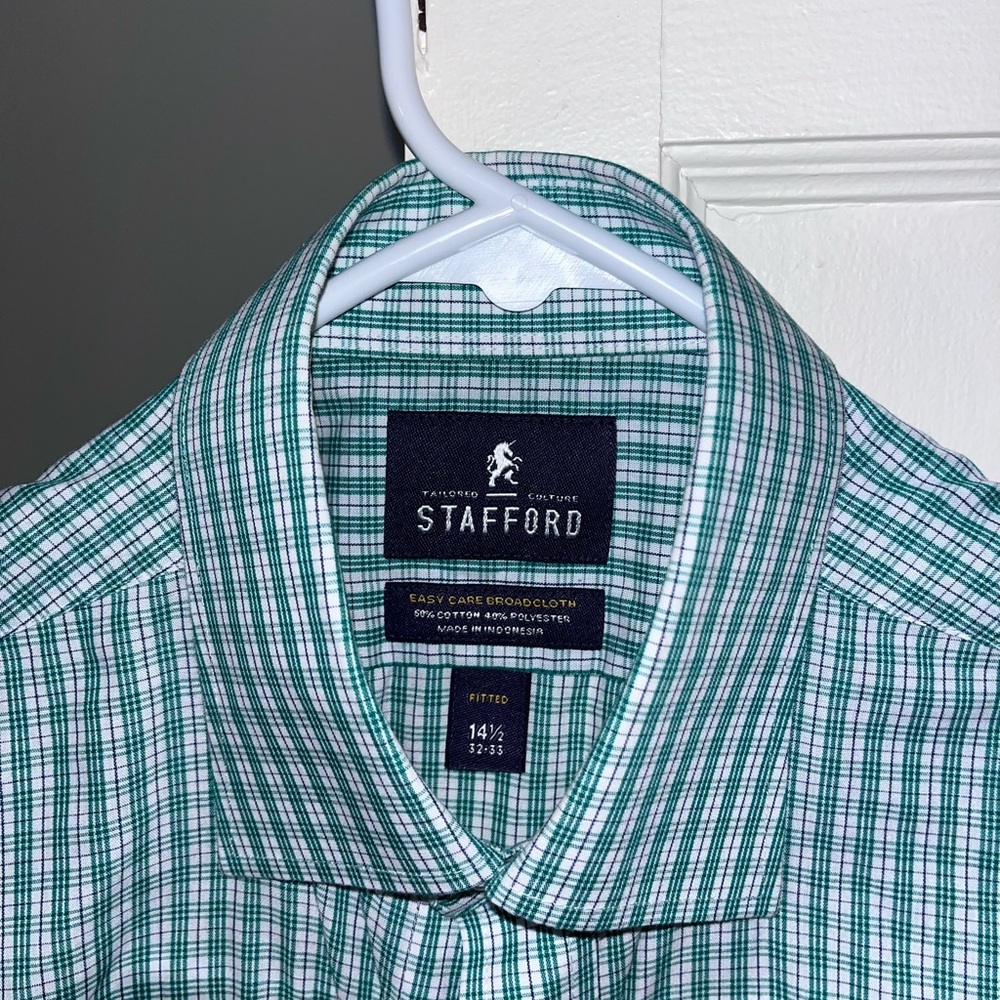 Stafford Green and White Plaid Dress Shirt 14 1/2 fitted